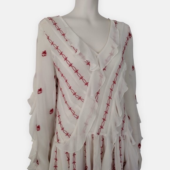 Free People White Chiffon Red Embroidered V Neck Boho Tunic Top - Picture 7 of 16